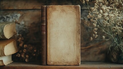 Antique book with aged cover and dried flowers on wooden shelf.