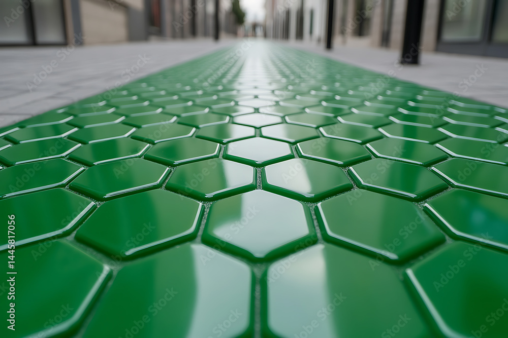 Poster green hexagon pathway: vibrant, eye-catching surface texture and design for outdoor space. unique pa