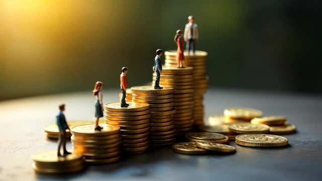 Miniature people standing on stacks of coins of different heights symbolizing income inequality, wage gap, social class differences, and economic disparity in society.