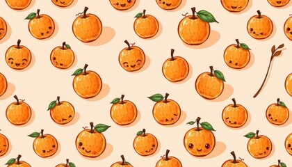 Fototapeta premium Seamless pattern of cute cartoon oranges on a soft pastel orange background, minimalistic style, bold outlines, light shadows, playful and fresh design, kawaii aesthetic.