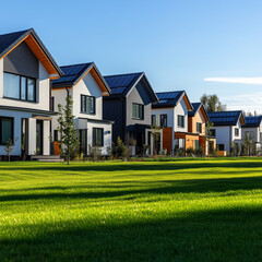 Neighbourhood Real Estate - A row of modern houses with solar panels and well-maintained lawns under a clear sky