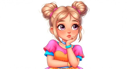 Fototapeta premium Cartoon girl with blonde hair in space buns wearing a pink and orange dress on a white background