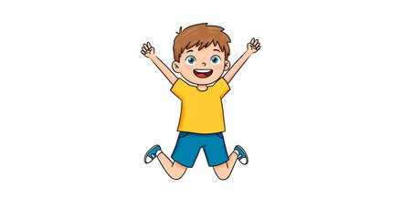 Cartoon boy jumping with joy wearing a yellow shirt and blue shorts on a white background illustration
