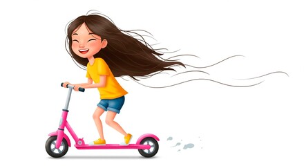 Happy girl riding a pink scooter with her long brown hair flowing in the wind on a white background