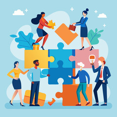 Business Teamwork Concept. Vector illustration in flat style of a group of diverse people in business suits putting together pieces of a puzzle. Isolated on background
