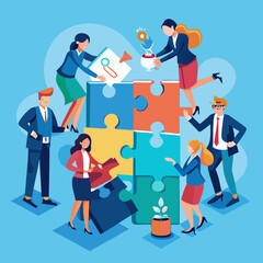 Business Teamwork Concept. Vector illustration in flat style of a group of diverse people in business suits putting together pieces of a puzzle. Isolated on background