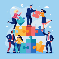 Business Teamwork Concept. Vector illustration in flat style of a group of diverse people in business suits putting together pieces of a puzzle. Isolated on background