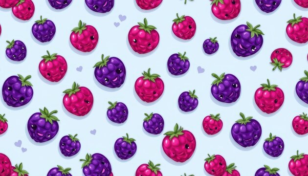 Seamless pattern of cute cartoon boysenberries on a soft lavender blue background, minimalistic style, bold outlines, light shadows, playful and fresh design, kawaii aesthetic.