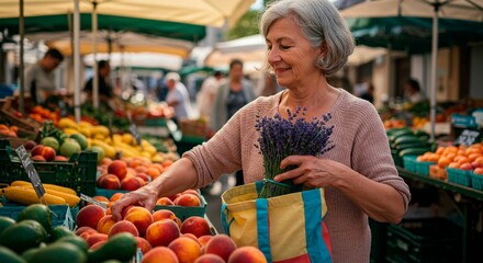 Obraz premium Woman shopping for fresh produce and lavender at an outdoor market on a sunny day with other people