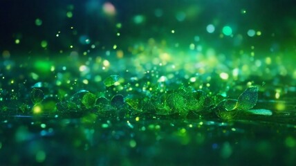 Green leaves scattered on the ground, surrounded by small water bubbles glistening in the light