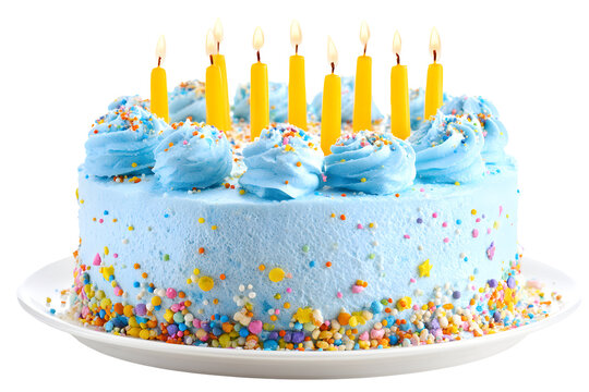 Festive blue cake with colorful sprinkles and lit candles on a white plate, ready for a celebration