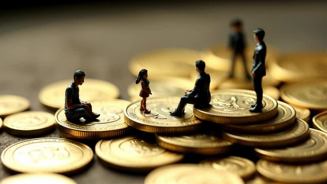 Miniature people standing on stacks of coins of different heights symbolizing income inequality, wage gap, social class differences, and economic disparity in society.