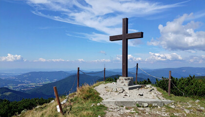 Background containing a big cross standing on the top of a mountain