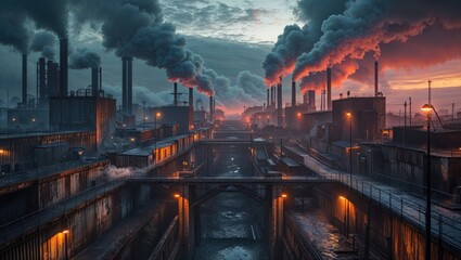 Fototapeta premium Dark and moody industrial landscape at sunset. Thick plumes of smoke rise from numerous factory chimneys, casting a dramatic silhouette against the fiery sky.