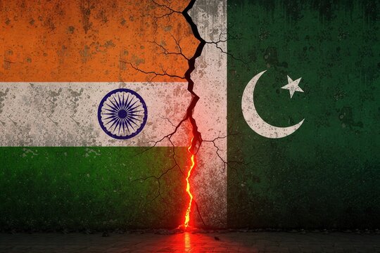 A cracked wall with the Indian flag on one side and the Pakistani flag on the other. Concept of a military conflict between India and Pakistan
