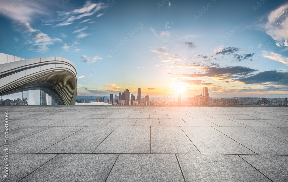 Fototapete empty square stone floor foreground with modern building architecture and cityscape skyline view dur