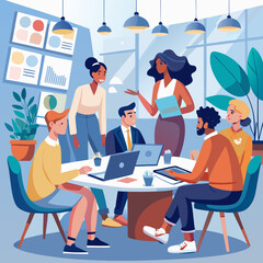 Business Teamwork Concept. Vector illustration in flat style of a group of diverse people in business suits putting together pieces of a puzzle. Isolated on background