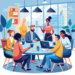 Business Teamwork Concept. Vector illustration in flat style of a group of diverse people in business suits putting together pieces of a puzzle. Isolated on background