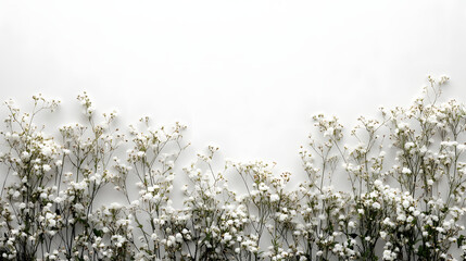 Delicate white floral arrangement on horizontal pure white background nature minimalist aesthetic