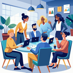 Business Teamwork Concept. Vector illustration in flat style of a group of diverse people in business suits putting together pieces of a puzzle. Isolated on background