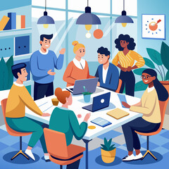 Business Teamwork Concept. Vector illustration in flat style of a group of diverse people in business suits putting together pieces of a puzzle. Isolated on background