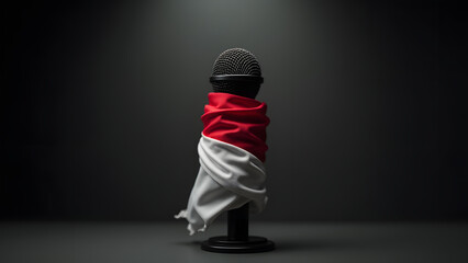 Indonesia's flag muzzles a microphone, a metaphor for stifled dissent. Dark tones and sharp lighting amplify the stark, unsettling mood. A silent cry for freedom.