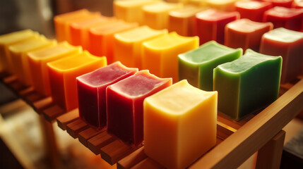 Vibrant handmade soap bars arranged on a wooden rack in a workshop showcasing the creative soap-making process