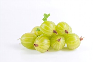Fresh red gooseberries with leaves on white background, ripe summer berries
