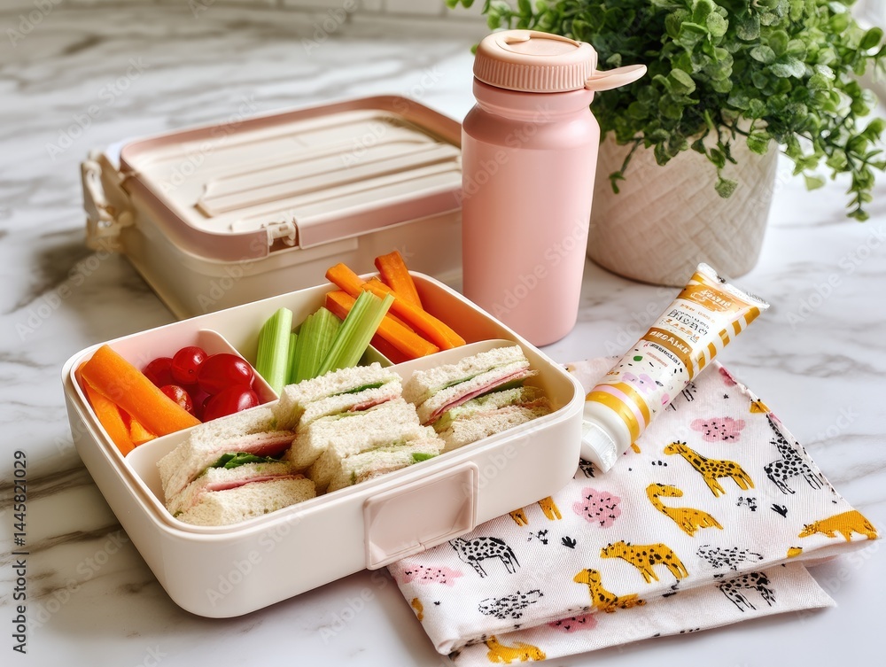Poster lunchbox with sandwiches carrots and cucumbers next to a water bottle and a patterned cloth with oth