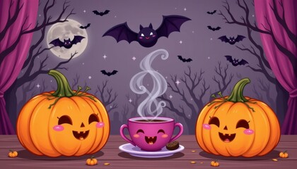 Pumpkin tea party with cute bats and spiders, Halloween cartoon, kawaii cozy style.