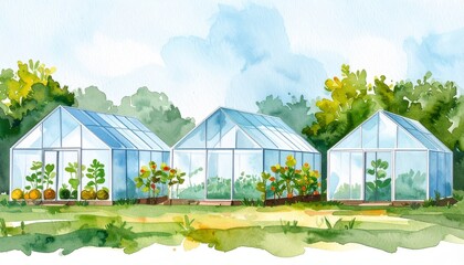 Fototapeta premium BCG organic watercolor concept. Colorful greenhouses surrounded by lush greenery and a blue sky.