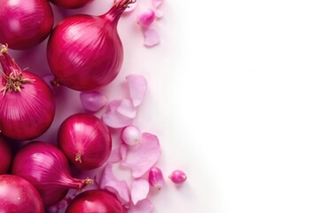 Multiple red onions, various sizes, clean white background, nutrition, culinary