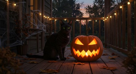 Obraz premium Black cat sitting next to a jack-o’-lantern on a porch decorated for Halloween, twilight atmosphere.