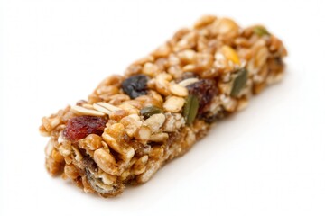 Close-up of a granola bar with nuts, seeds, and dried fruit on white background

