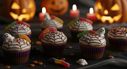 Halloween-themed cupcakes with spiderweb icing and candy toppings on a festive dessert table.