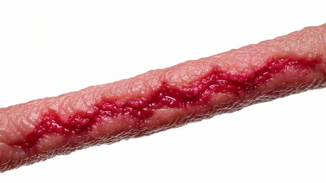 Close-up of a wounded finger with visible red blood, isolated on white, showing injury, skin texture, and medical implications, for healthcare or accident scenarios.