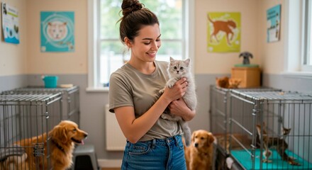 Woman holding kitten at animal shelter with dogs and cats in cages and animal posters on the wall