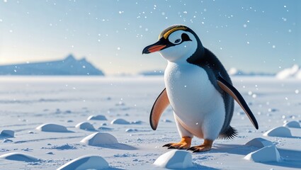 Obraz premium A young gentoo penguin stands on a snowy landscape, gazing towards the distant mountains. Light snow falls, creating a serene winter scene.