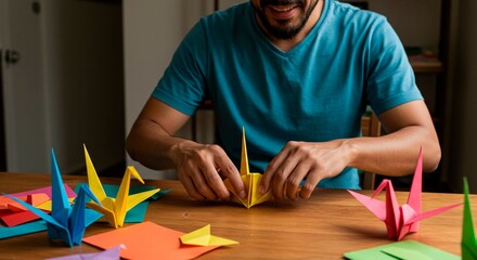 Man folding a yellow origami crane on a wooden table with colorful paper cranes and sheets around him