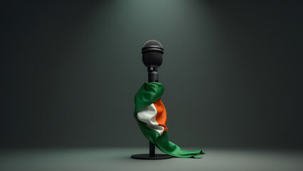 Ireland's flag binds a microphone, a paradox of silenced expression. Dark tones and sharp lighting create a gripping, minimalist statement on control.