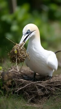 Elegant white bird with blue eyes carrying nest material on a sunny day