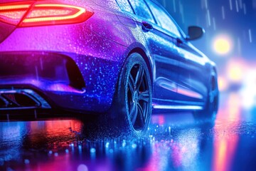 Sleek car in vibrant neon rain