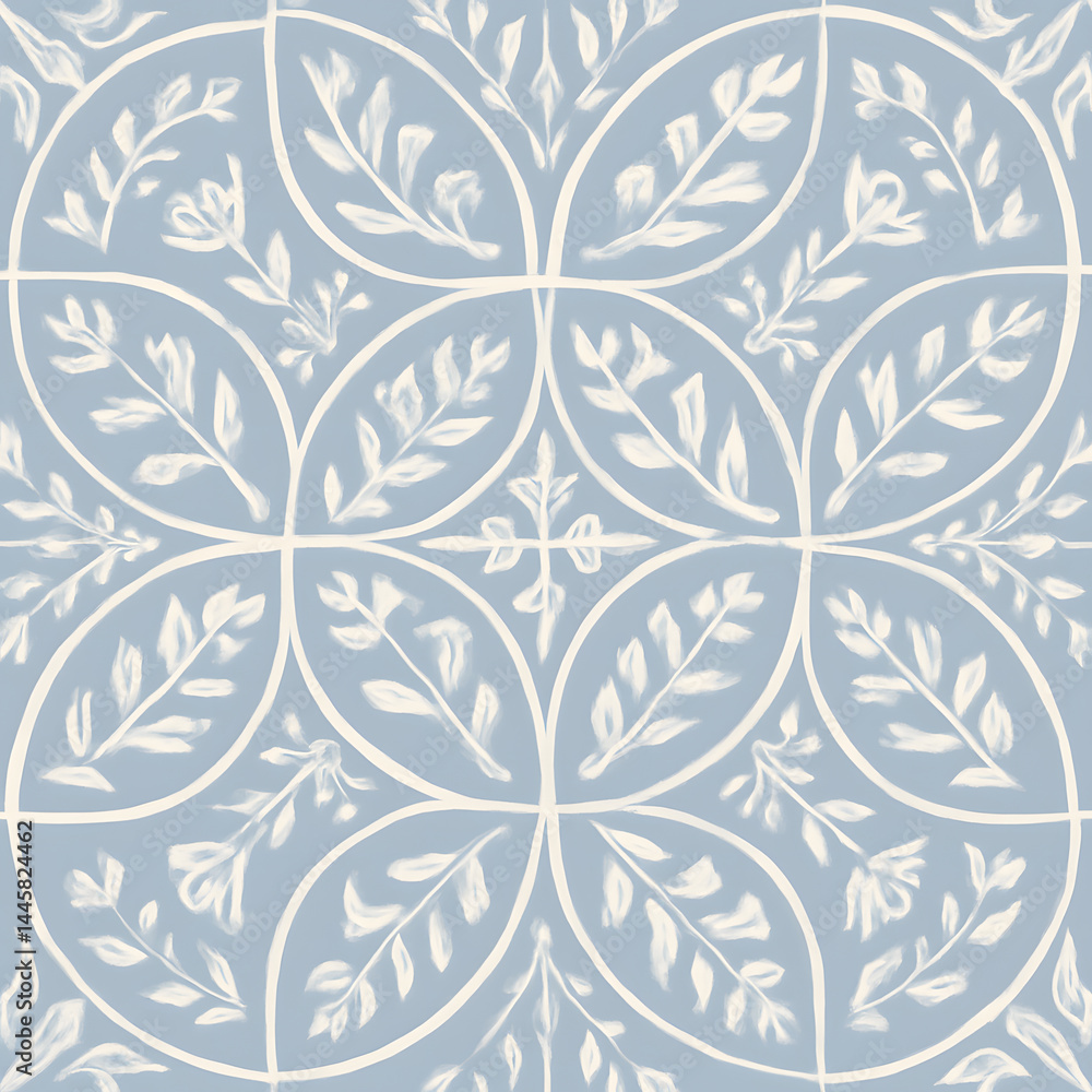 Poster soft blue tiles with a delicate white botanical pattern in circular frames