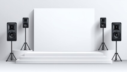 Fototapeta premium Empty Stage with Audio Speakers: A pristine, minimalist stage setup, ready for any event, with strategically placed speakers hinting at a world of sound.