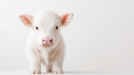 Fototapeta premium A cute piglet standing on a white background, minimalistic composition with soft lighting, adorable and innocent expression, and studio shot.