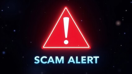 Bright red alert sign indicating a scam warning with a glowing exclamation mark.