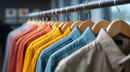 A vibrant clothing rack showcases an array of neatly arranged shirts in various colors at a contemporary boutique, illuminated by natural light pouring through large windows