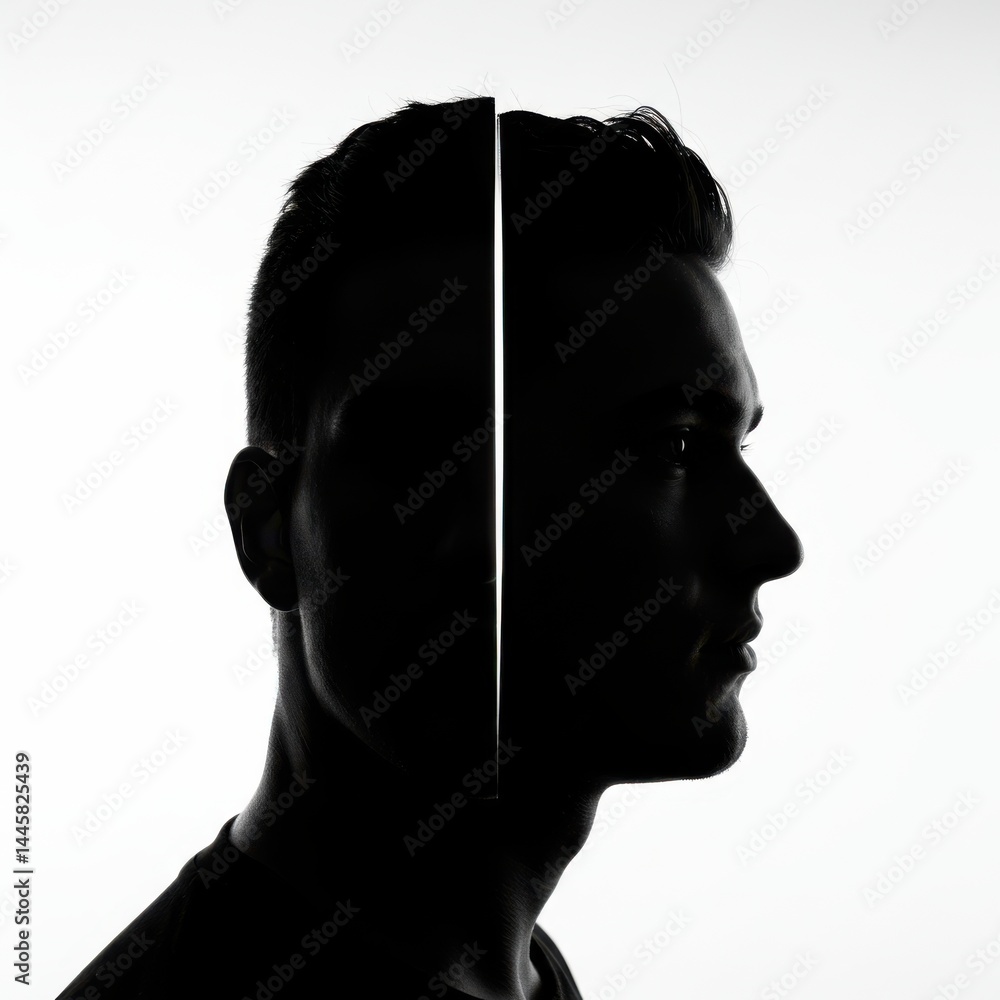 Poster silhouette of a man's head split vertically with one side in profile and the other in full shadow