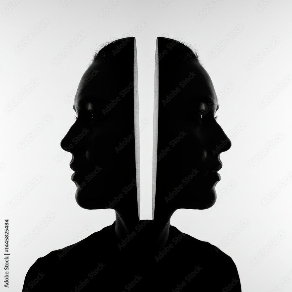 Poster silhouette of two faces in profile separated by a vertical white line in black and white style