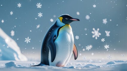 Naklejka premium A majestic king penguin stands in the snow, snowflakes gently falling around it. A serene winter scene.